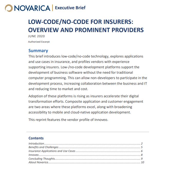 Executive Brief Low-CodeNo-Code for Insurers Overview and Prominent Providers Innoveo Reprint-1
